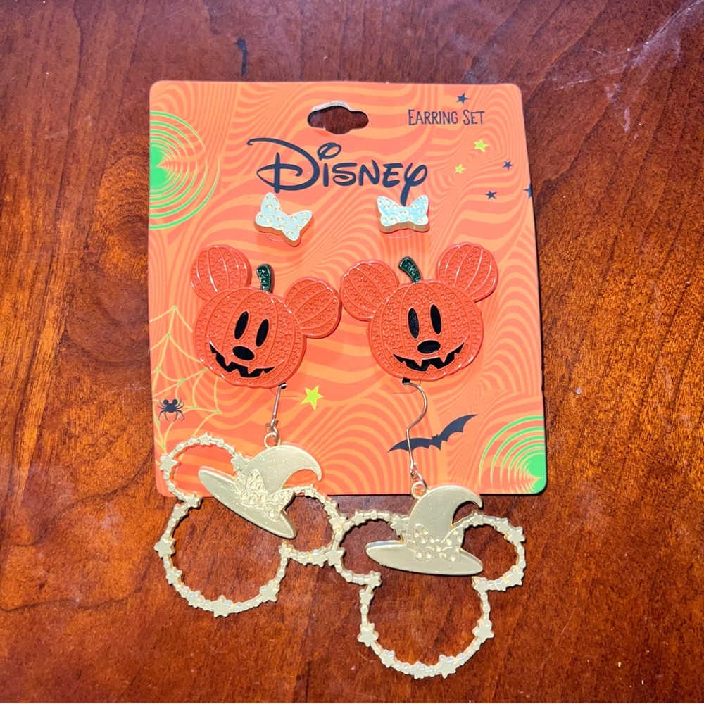 Disney Halloween Pumpkin Witch Bow Mickey Minnie 3 Pack Earring Set